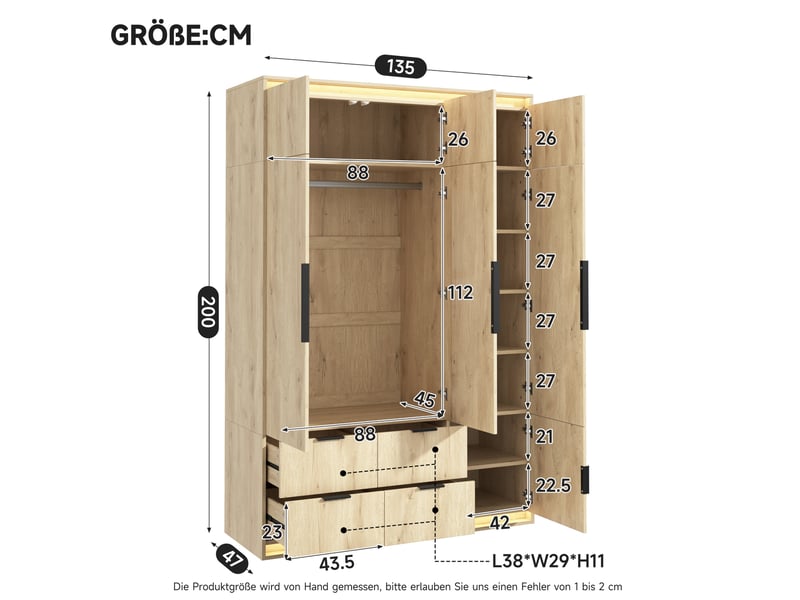  Armoire 3 portes avec miroir et éclairage led, 135 x 47 x 200 cm, mdf chêne  - Conforama C