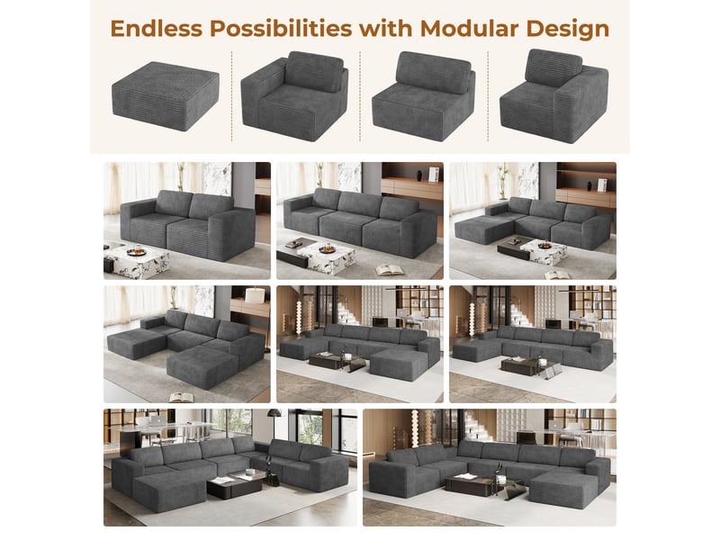 Canapé d'angle 4 places modulaire en velours côtelé avec 1 pouf,canapé compressé,sans assemblage,404x202x82cm,gris 404x202x82CM - Conforama R