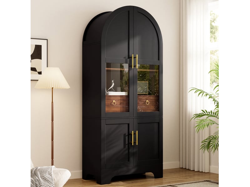Buffet haut 76x40x180 cm avec 4 portes et 1 tiroir, led, mdf et panneau de particules, coloris noir, design rétro - Conforama B