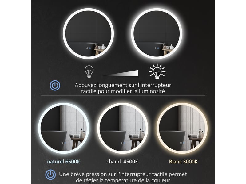 Miroir rond lumineux led de salle de bain ø 70 cm mural éclairage interrupteur tactile système antibuée 35w blanc argent - Conforama E