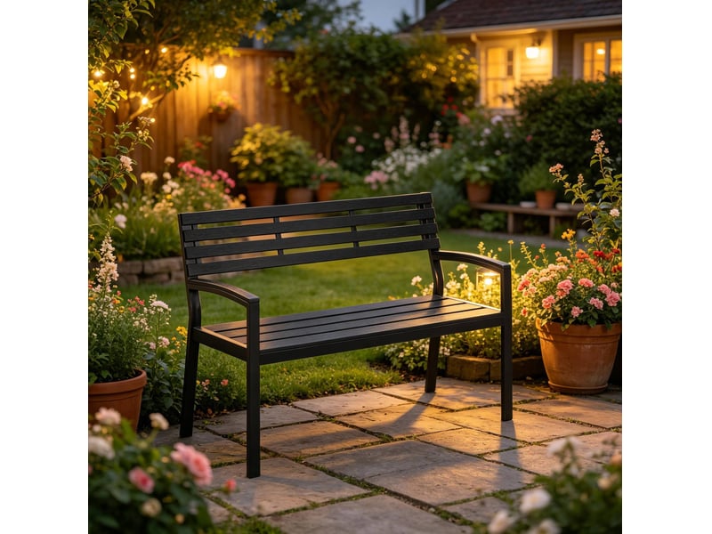 Banc de jardin 115x55x85cm avec dossier et accoudoirs, structure métal noir et lattes aspect bois - Conforama D