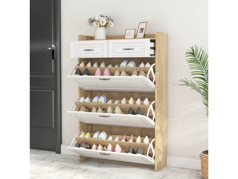  Meuble à chaussures, 80x23,5x131 cm, 3 portes, 2 tiroirs, pour entréesalon, bois  - Conforama C