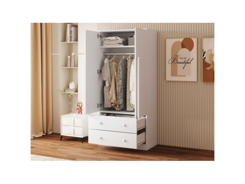  Armoire blanche 70×40×170 cm, portes doubles, tiroirs et étagères - rangement chambre moderne  - Conforama D