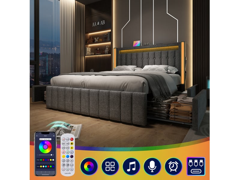  Lit rembourré 160 × 200 cm 2 places avec 4 tiroirs, led, usb et type-c, matelas inclus, en lin gris  - Conforama E
