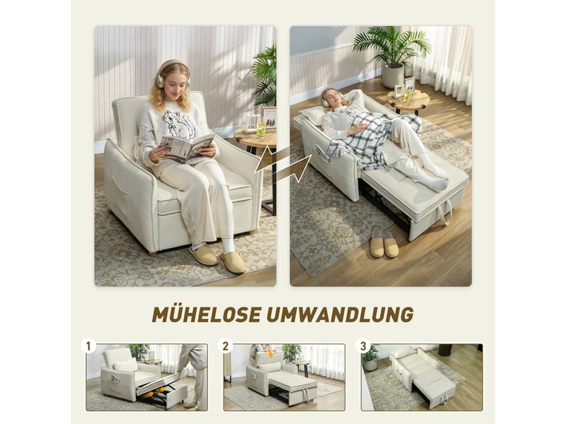 Fauteuil convertible 3 en 1 en tissu chenille avec coussin crème  - Conforama D