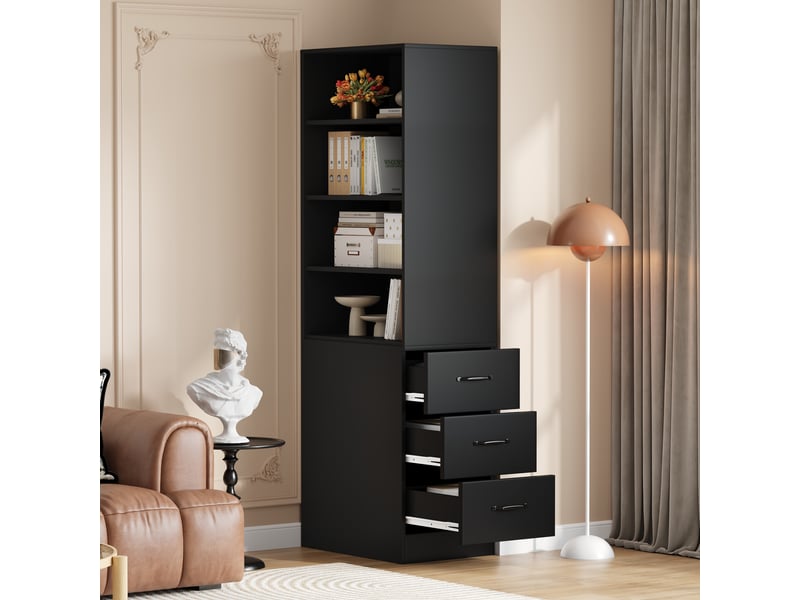 Bibliothèque extra étroite meuble haut 180 cm avec tiroirs latéraux et étagères réglables, rangement gain de place pour salon et bureau - Conforama B