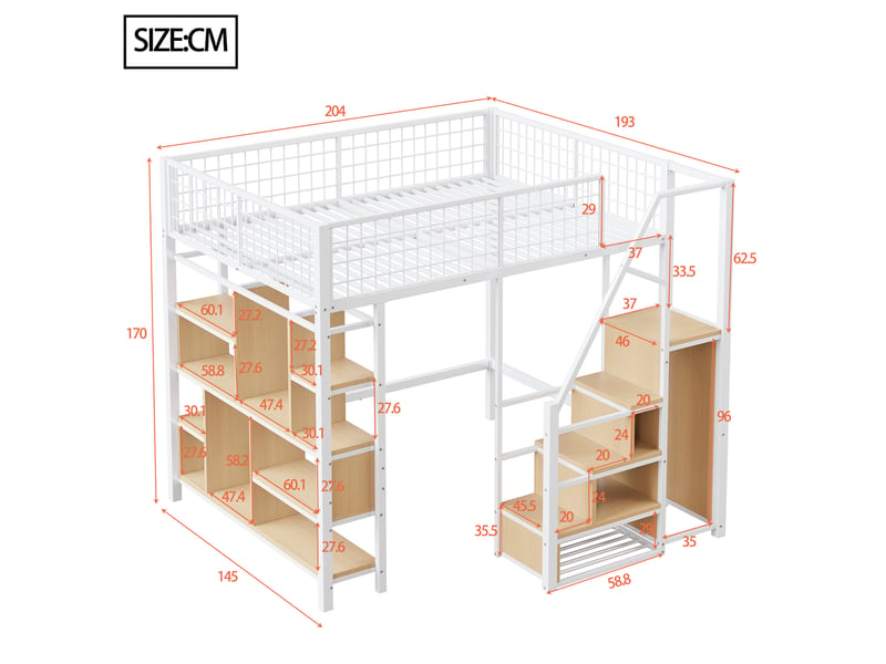  Lit mezzanine 140x200 avec escalier et rangement intégré, cadre en métal robuste, lit mezzanine blanc idéal pour adulte et enfant.  - Conforama R