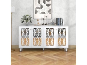 Buffet miroir blanc 160x40x84 cm avec 4 portes et étagères réglables, design élégant