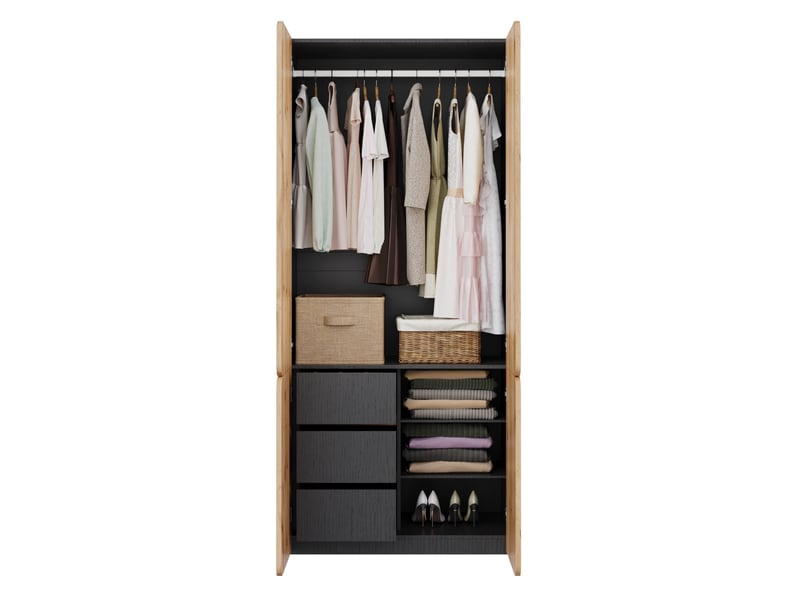  Armoire modenvie 4 portes 90 x 50 x 200 cm avec penderie et 3 tiroirs décor chêne  - Conforama A