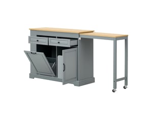 Îlot de cuisine sur roulettes plateau extensible 112-180 cm meuble poubelle 2 tiroirs gris