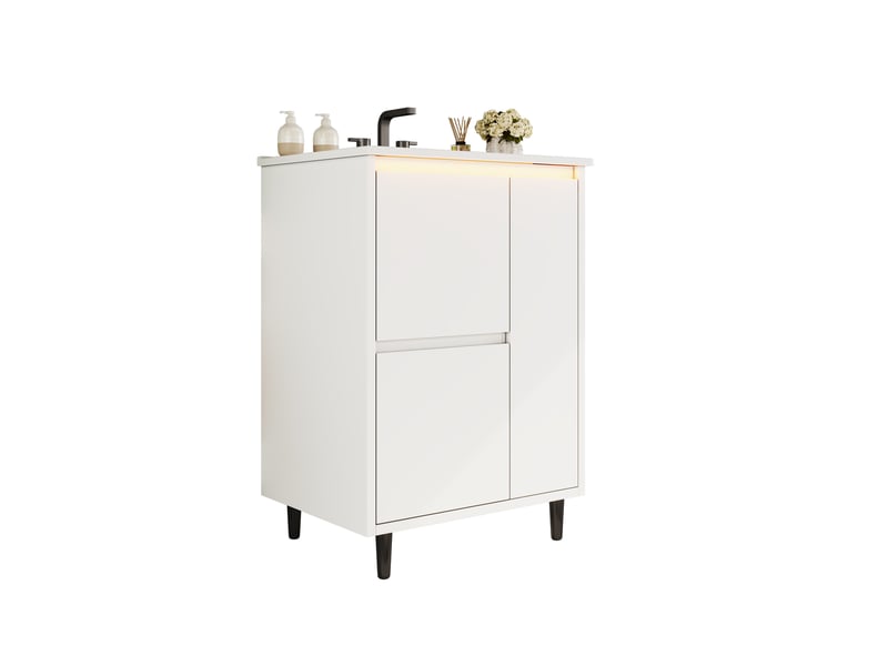Meuble vasque blanc avec lavabo intégré, tiroirs et charnières amorties 61 cm - Conforama E