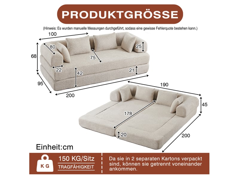 Canapé convertible modulaire 2 places avec dossier réglable, 4 configurations et 4 coussins en chenille beige - Conforama C