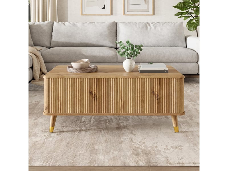  Table basse relevable, table de salon avec coffre de rangement plateau extensible pour espace de travail, style vintage ondulé 97x52x56,5 cm, naturel  - Conforama C