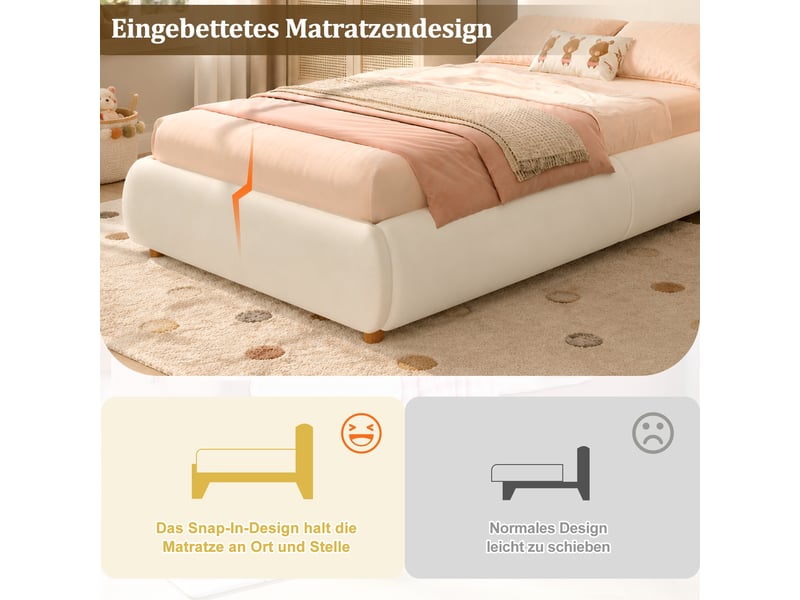  Lit enfant 90x200 avec sommier, lit coffre hydraulique et grand espace de rangement, lit capitonné velours beige pour chambre  - Conforama E