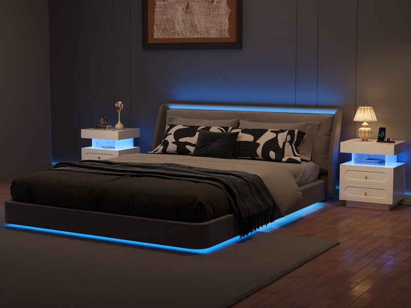  Table de chevet led 2 tiroirs avec compartiment ouvert, finition laquée blanche, l 100p 40h 60 cm  - Conforama D