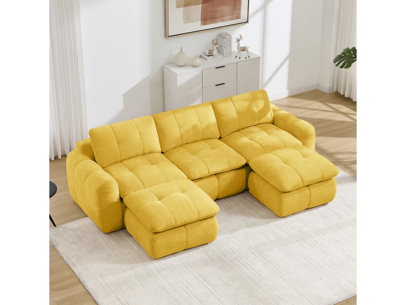  Canapé modulable 3 places en u modenvie avec 2 poufs, sans cadre en acier, mousse haute densité 32d, revêtement chenille jaune, 264 x 160 x 68 cm  - Conforama B