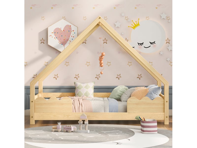 Lit cabane enfant 90x200 cm, bois naturel, protection antichute, sommier, lit simple, sans matelas - Conforama D