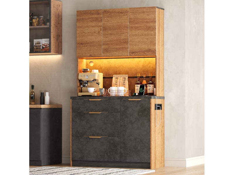  Buffet de cuisine 100x40x180 cm avec 3 tiroirs et 4 portes, éclairage led et prises en mdf couleur naturel et gris  - Conforama D