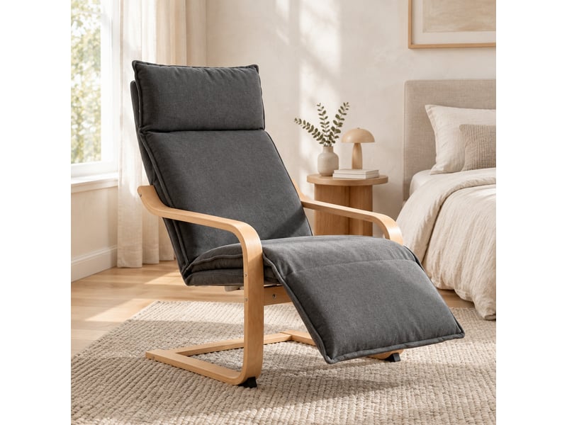  Fauteuil à bascule lounge avec repose-pieds, mouvement doux et dossier haut, revêtement polyester gris foncé  - Conforama C
