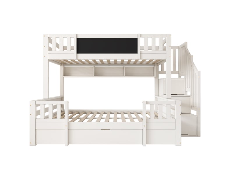 Lit superposé enfant 90x200 et 140x200 cm – blanc – escalier-rangement, tableau et tiroirs intégrés - sans matelas - Conforama D