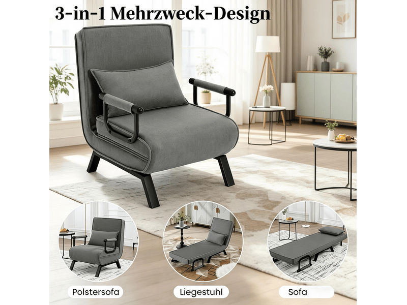 Fauteuil convertible 65 x 78 x 75 cm gris en tissu, métal et mousse, 3 en 1 avec dossier réglable - Conforama E