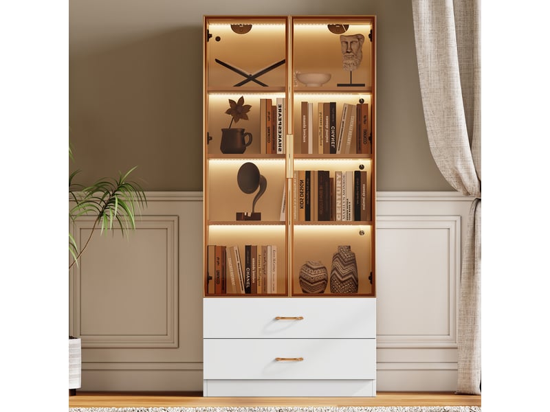  Armoire de salle de bain - bande lumineuse intégrée - 75 cm de large - 2 grands tiroirs - 2 portes avec verre 75x34.5x170cm - Conforama D
