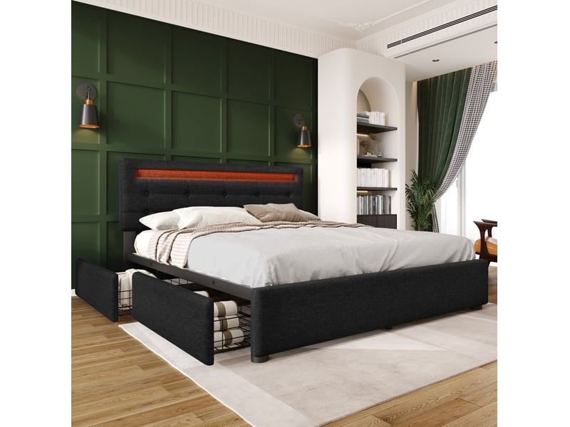  Lit rembourré tcqpz 140 x 200 cm avec matelas led 4 tiroirs tête de lit réglable noir  - Conforama E