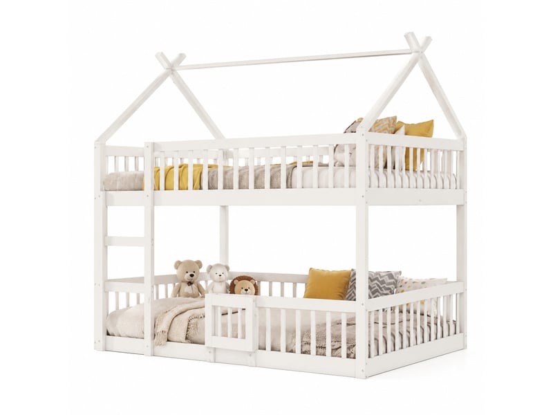  Lit superposé enfant 140x200 cm avec escalier, barrières et toit, blanc  - Conforama A