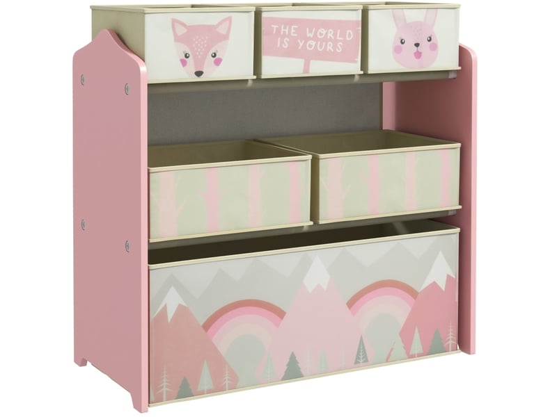  Meuble de rangement enfant 63x30x66 cm rose en bois avec 6 boîtes en tissu, pour jouets et livres  - Conforama A