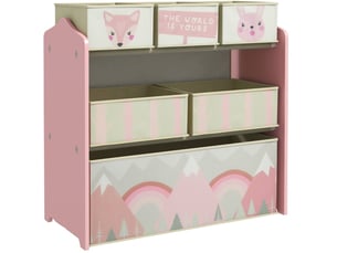 Meuble de rangement enfant 63x30x66 cm rose en bois avec 6 boîtes en tissu, pour jouets et livres
