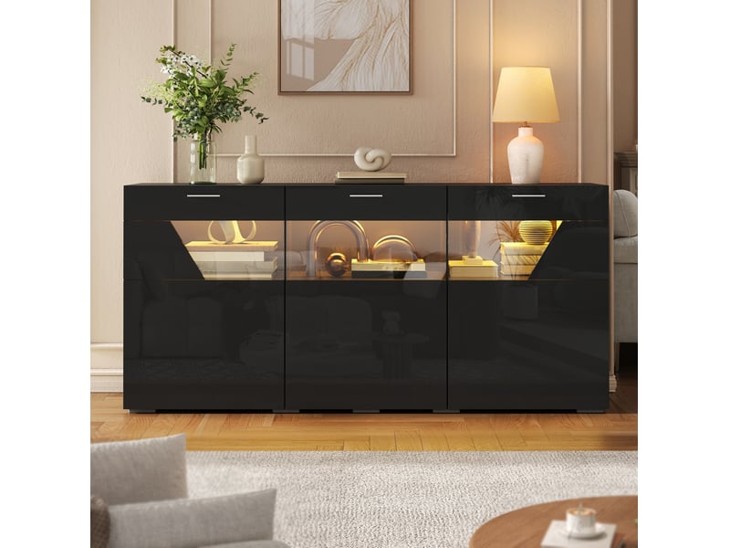 Buffet 3 portes 6 compartiments avec led pilotée par application 160x38x78 cm noir - Conforama W