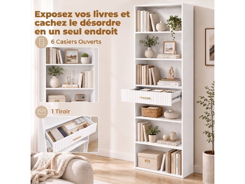  Bibliothèque design effet bois blanc tiroir cannelé poignée métal doré  - Conforama E