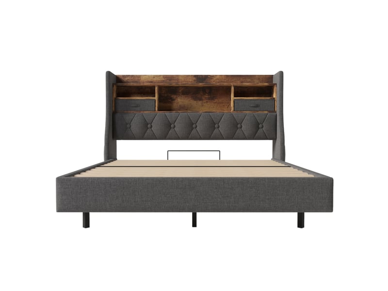  Lit double, lit 2 personnes 160x200 cm, rangement intégré, tête de lit avec rangement, led, usbusb-c, matelas inclus, lin gris  - Conforama B