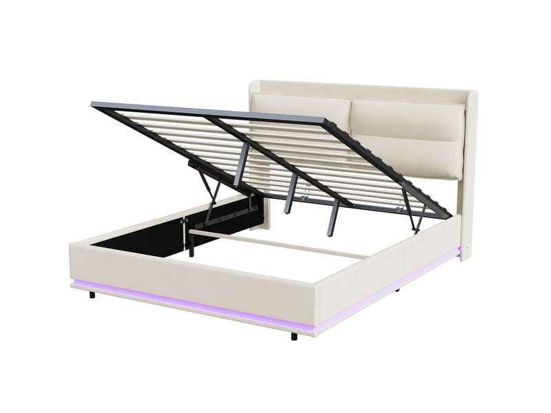  Lit double 140x200 cm , led, lit 2 place avec usb et type-c, beige, velours,cadre de lit coffre 140x200 cm, lit 2 place  - Conforama A