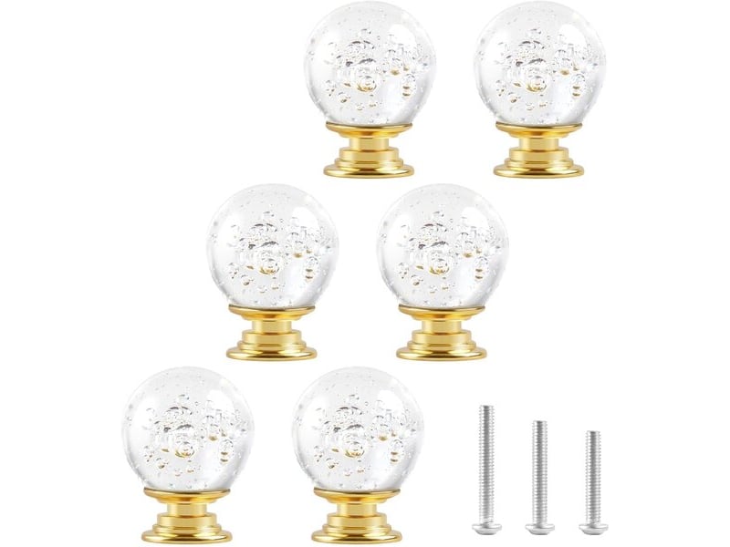  Ensemble de 6 poignées en cristal bulle avec base dorée de 30 mm, poignées pour commodes, cuisine et dressings  - Conforama B