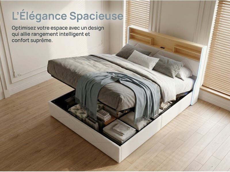  Lit coffre 140x190cm - lit 2 places - avec led - velours - beige, sommier à lattes (matelas non inclus)  - Conforama D