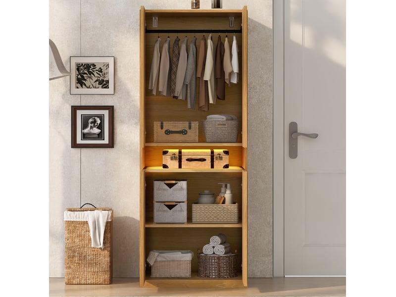  Armoire 2 portes avec niche led, 70 × 55 × 180 cm, en mdf bois clair, rangement et penderie pour chambre  - Conforama E