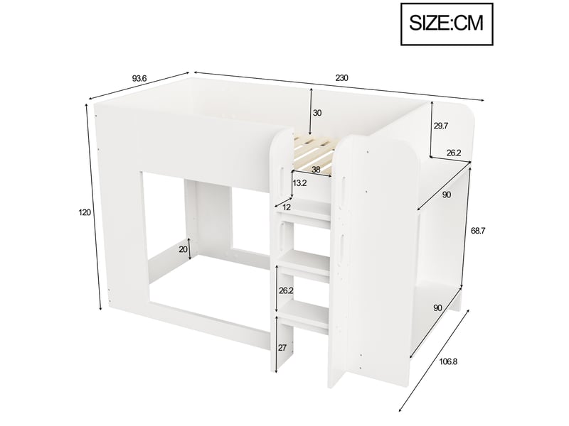  Lit superposé enfant 90x200 cm - avec barrières de sécurité - avec échelle - avec compartiments de rangement - blanc (matelas non inclus)  - Conforama C