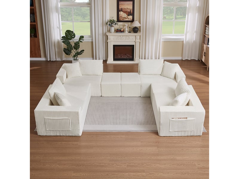  Canapé modulable 8 places en velours côtelé beige, assise souple et modules repositionnables IKSETERA TRADING LTD - Conforama B