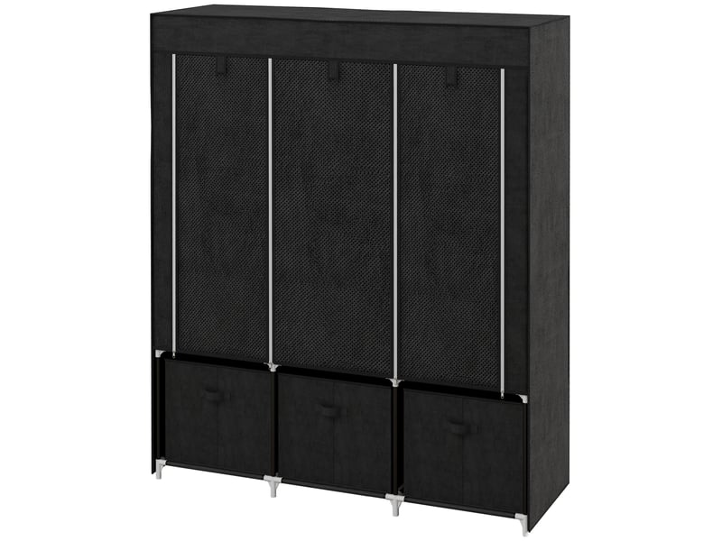 Armoire en tissu avec 2 penderies, 5 étagères ouvertes, 3 tiroirs, fermeture éclair, structure en acier, 125 x 43 x 162,5 cm, noire  - Conforama B