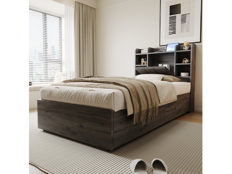  Lit coffre 90 x 200 cm gris mdf, tête de lit avec rangements et ports usb type c, sommier à lattes  - Conforama B