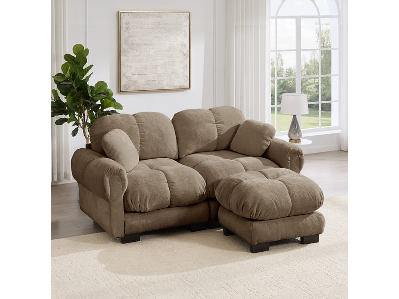  Canapé d'angle modulable 2 places modenvie en chenille marron avec pouf mobile 190 x 149 x 90 cm  - Conforama D