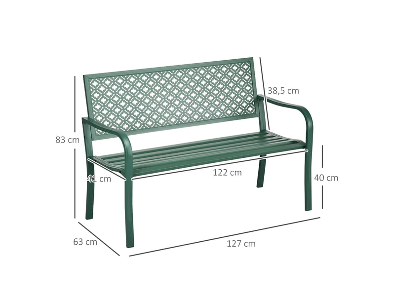  Banc de jardin 2 places 127x63x83 cm – vert foncé – acier thermolaqué résistant aux intempéries  - Conforama C