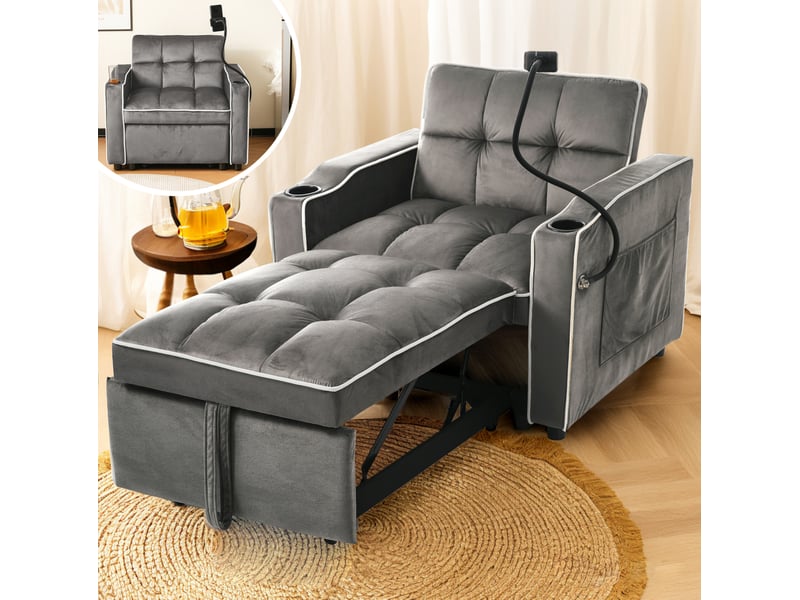  Fauteuil convertible 3 en 1 avec dossier réglable et porte-gobelets en velours gris foncé, 83 × 167 × 76 cm  - Conforama E