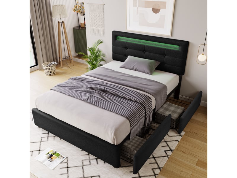  Cadre de lit, lit enfant 90x200 cm, 2 tiroirs, led, tête de lit réglable, sommier à lattes, bois noir, matelas inclus  - Conforama D