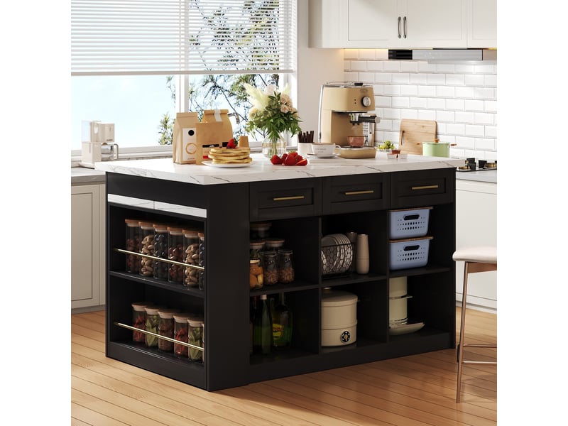  Îlot central de cuisine 150x90cm - avec table extensible 96cm, plan effet marbre blanc &amp; rangements - noir &amp; blanc  - Conforama D