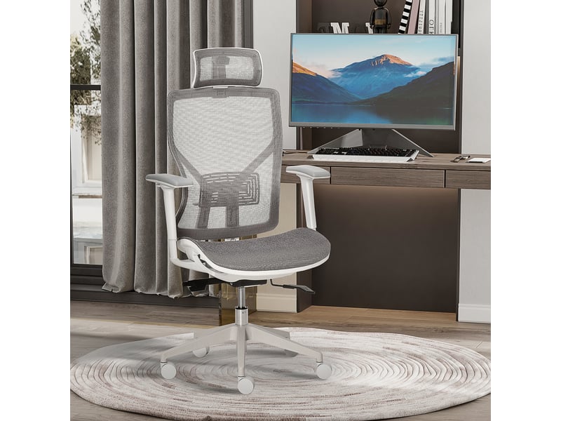  Chaise gaming pivotante, appui-tête, lombaire, accoudoirs 3d, roulettes 360°, mesh, grise, 67x65x120-128 cm.  - Conforama D