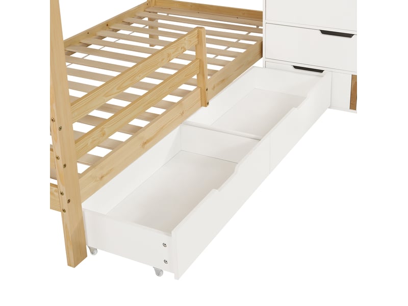  Lit superposé enfant 90x200 cm, rangement, tiroirs à roulettes, escalier, fenêtres, mdf, naturel et blanc, sans matelas  - Conforama E