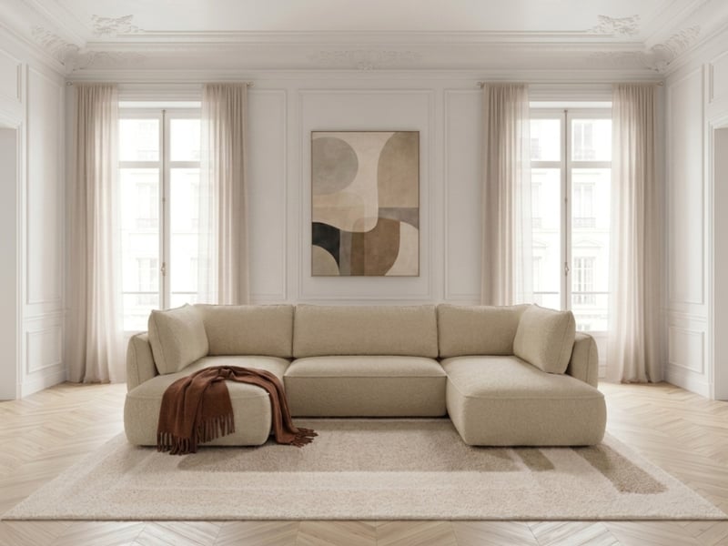  Bobochic canapé d'angle panoramique convertible esmee tissu chenille beige  angle gauche ESMEE - Conforama C