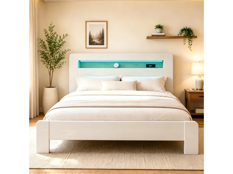  Lit plateforme 180 x 200 cm blanc en bois avec tête de lit rangement, éclairage led, prises intégrées et cadre moderne pour chambre adulte  - Conforama C